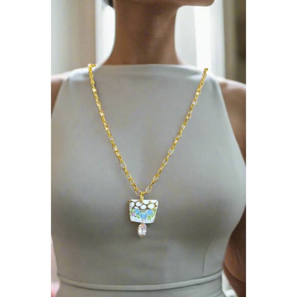 Hand Crafted Jewelry - Broken China Pendant Necklace With Gold Tone Chain & Multifaceted Crystal Bead